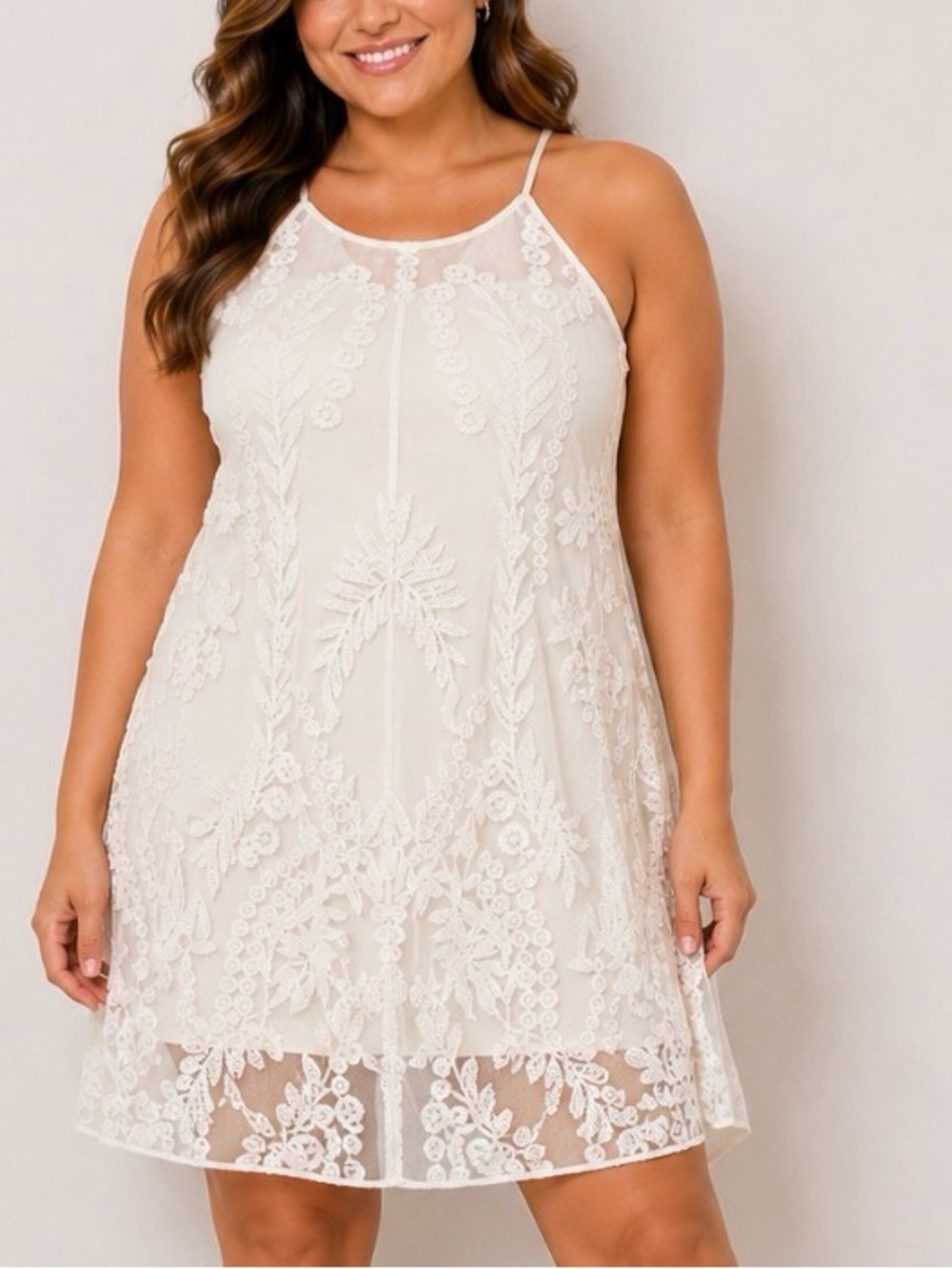 Miami Cream Lace Overlay Halter Dress/tunic embroidered feminine bridal SZ M
